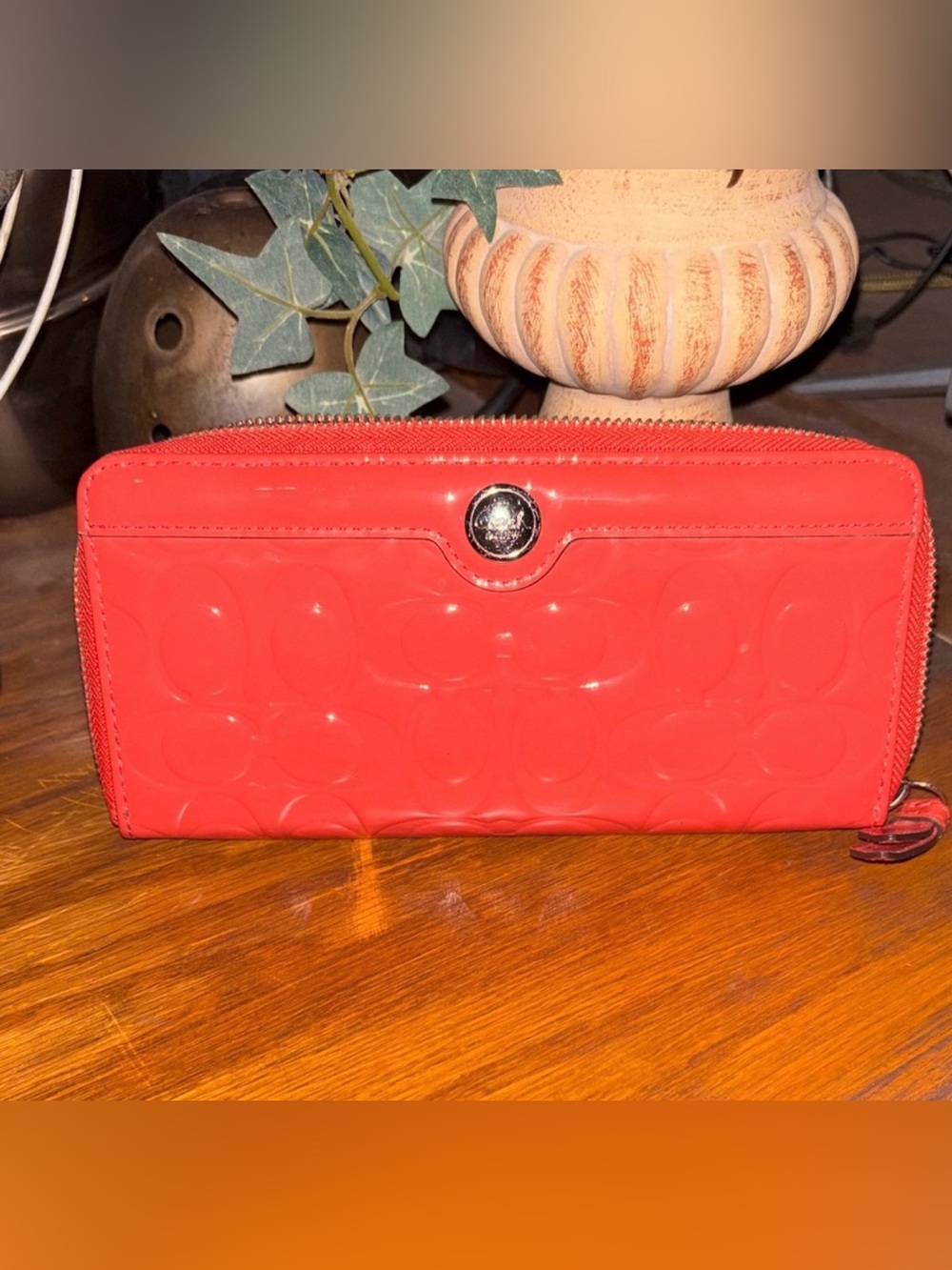 Coach Glossy Patent Leather Wallet in Coral Red - Picture 8 of 13